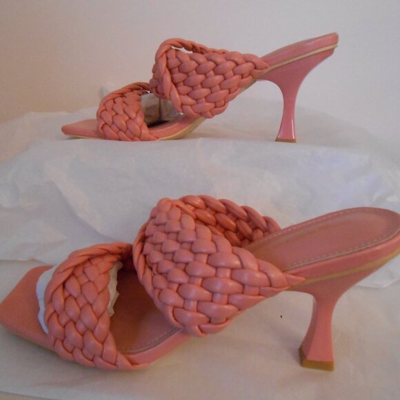 Women's Pink Woven Square Open Toe Slip On Sandal 3.5" Kitten Heel-US-9, EU-40 - Picture 2 of 7